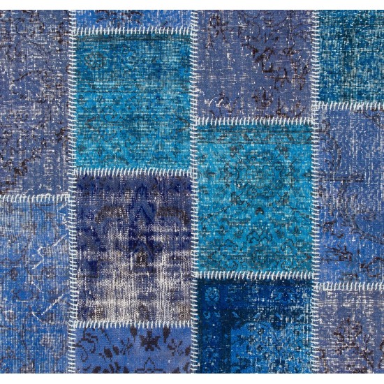 Blue Patchwork Rug for Modern Interiors. Handmade Turkish Carpet. Custom Options Available