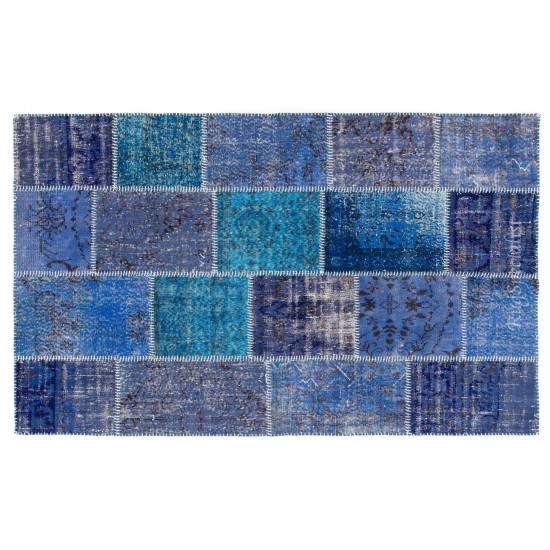 Blue Patchwork Rug for Modern Interiors. Handmade Turkish Carpet. Custom Options Available