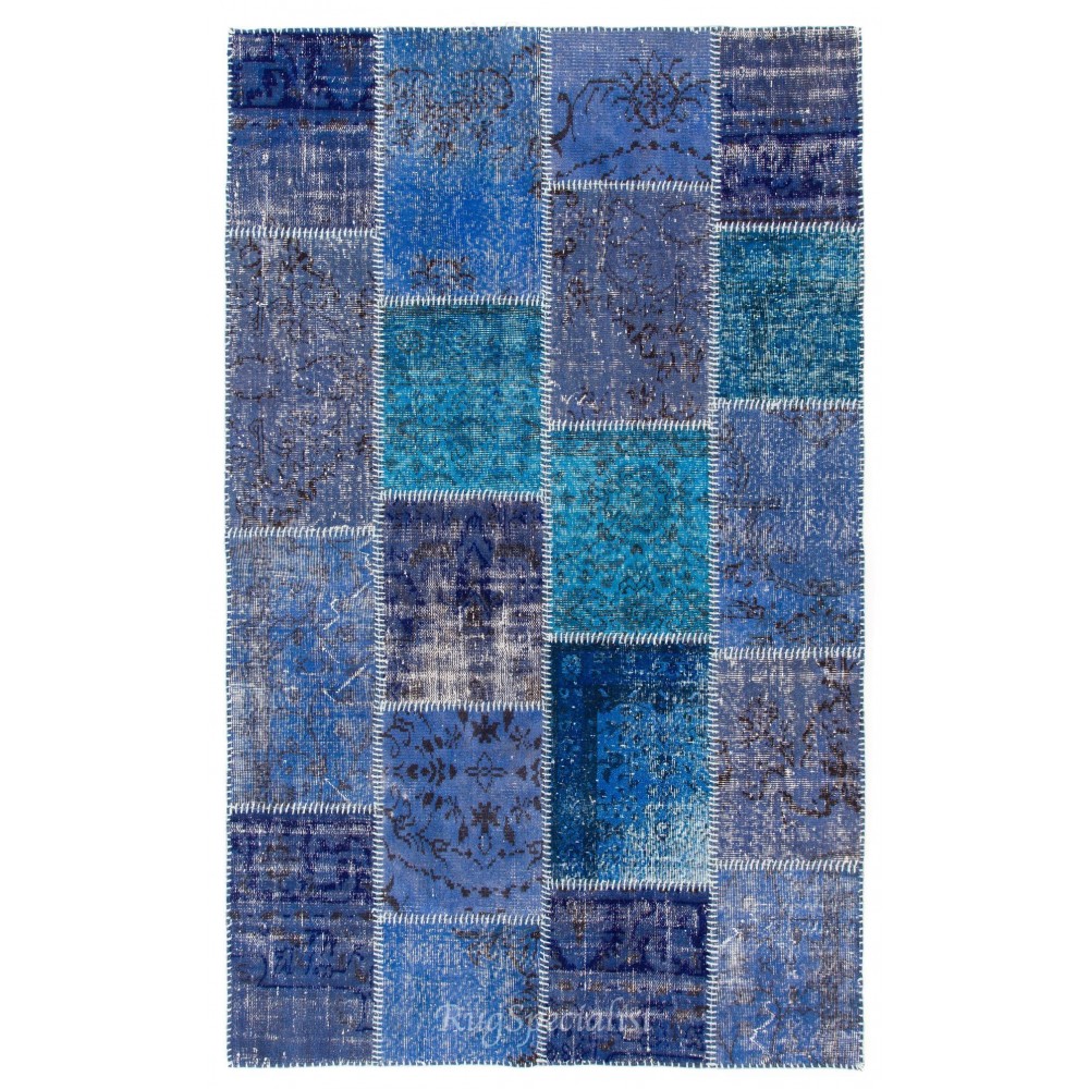 Blue Patchwork Rug for Modern Interiors. Handmade Turkish Carpet. Custom Options Available