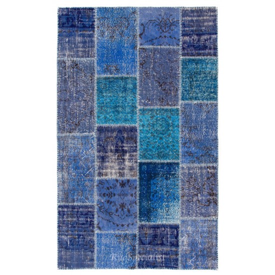 Blue Patchwork Rug for Modern Interiors. Handmade Turkish Carpet. Custom Options Available