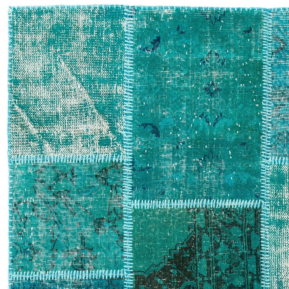 Hand-Knotted Teal Blue Patchwork Rug for Living Room, Bedroom and Dining Room | Contemporary Overdyed Turkish Wool Carpet Hand-Knotted Teal Blue Patchwork Rug for Living Room, Bedroom and Dining Room | Contemporary Overdyed Turkish Wool Carpet