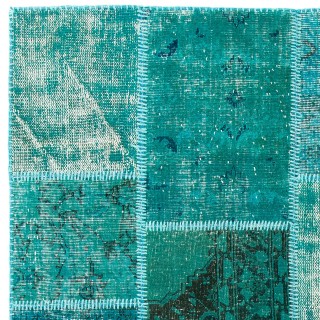 Hand-Knotted Teal Blue Patchwork Rug for Living Room, Bedroom and Dining Room | Contemporary Overdyed Turkish Wool Carpet