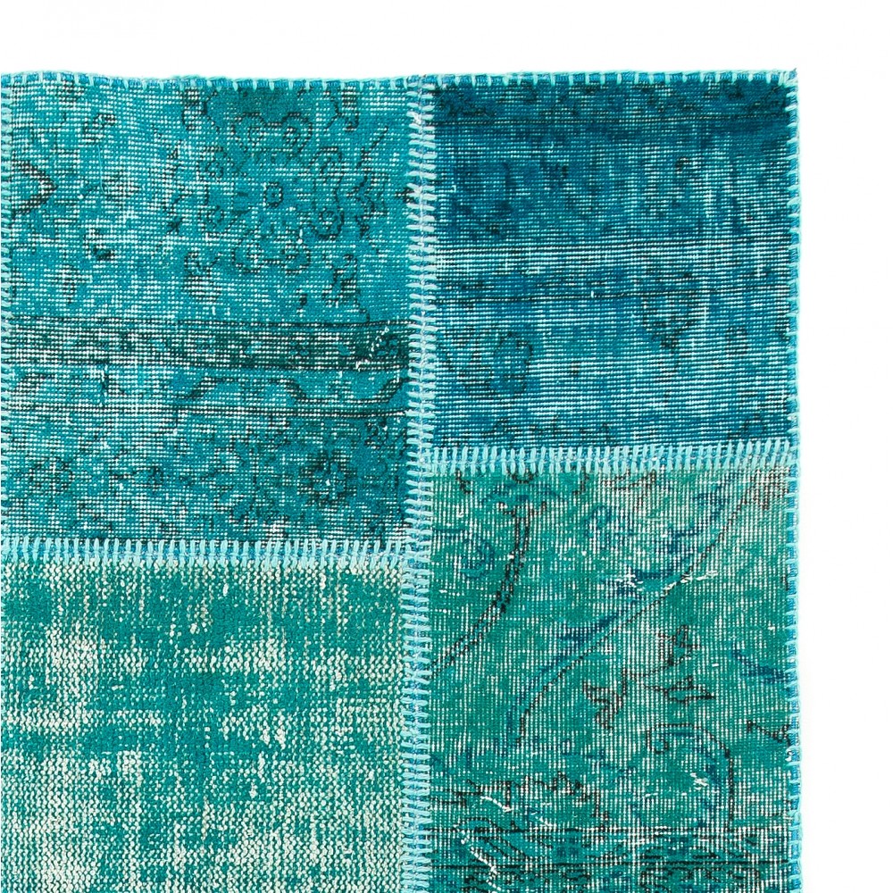 Hand-Knotted Teal Blue Patchwork Rug for Living Room, Bedroom and Dining Room | Contemporary Overdyed Turkish Wool Carpet Hand-Knotted Teal Blue Patchwork Rug for Living Room, Bedroom and Dining Room | Contemporary Overdyed Turkish Wool Carpet