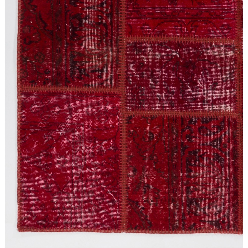 Hand-Knotted Red Patchwork Rug for Living Room, Bedroom and Dining Room | Contemporary Overdyed Turkish Wool Carpet Hand-Knotted Red Patchwork Rug for Living Room, Bedroom and Dining Room | Contemporary Overdyed Turkish Wool Carpet