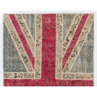 United Kingdom Flag Pattern Hand-Knotted Patchwork Rug in Blue, Red and Cream. Modern Union Jack British Flag Design Carpet United Kingdom Flag Pattern Hand-Knotted Patchwork Rug in Blue, Red and Cream. Modern Union Jack British Flag Design Carpet