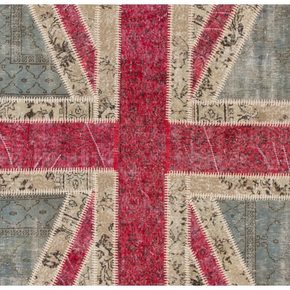 United Kingdom Flag Pattern Hand-Knotted Patchwork Rug in Blue, Red and Cream. Modern Union Jack British Flag Design Carpet
