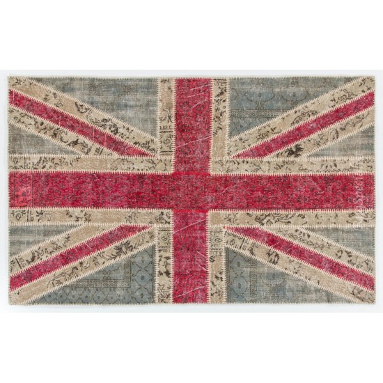 United Kingdom Flag Pattern Hand-Knotted Patchwork Rug in Blue, Red and Cream. Modern Union Jack British Flag Design Carpet