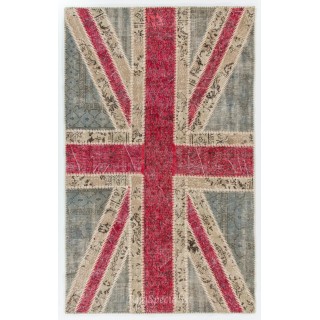 United Kingdom Flag Pattern Hand-Knotted Patchwork Rug in Blue, Red and Cream. Modern Union Jack British Flag Design Carpet