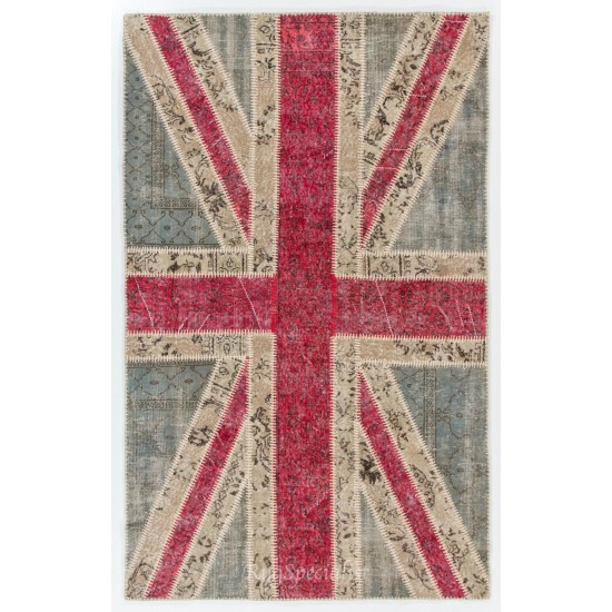 United Kingdom Flag Pattern Hand-Knotted Patchwork Rug in Blue, Red and Cream. Modern Union Jack British Flag Design Carpet