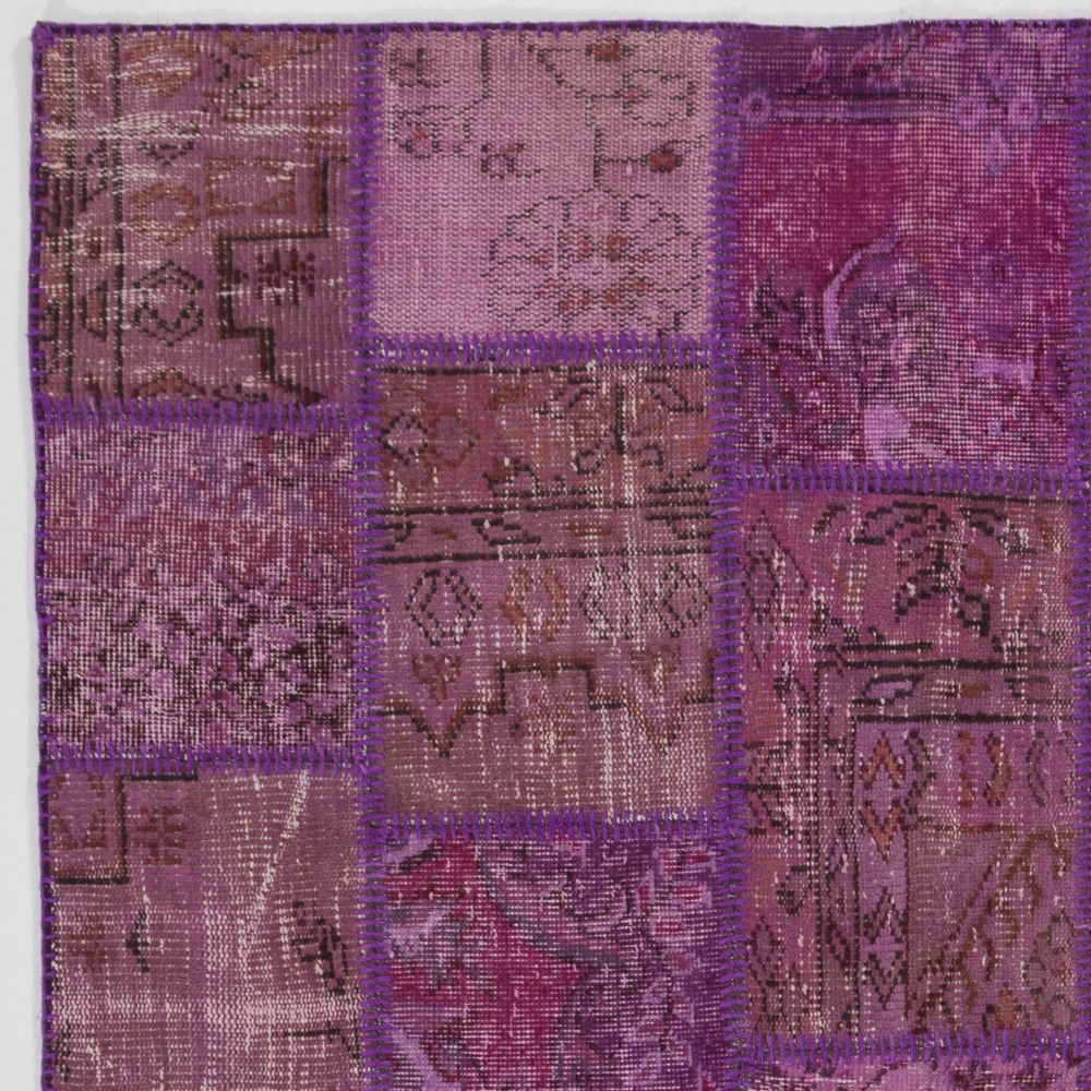 Hand-Knotted Purple Patchwork Rug for Living Room, Bedroom and Dining Room | Contemporary Overdyed Turkish Wool Carpet Hand-Knotted Purple Patchwork Rug for Living Room, Bedroom and Dining Room | Contemporary Overdyed Turkish Wool Carpet