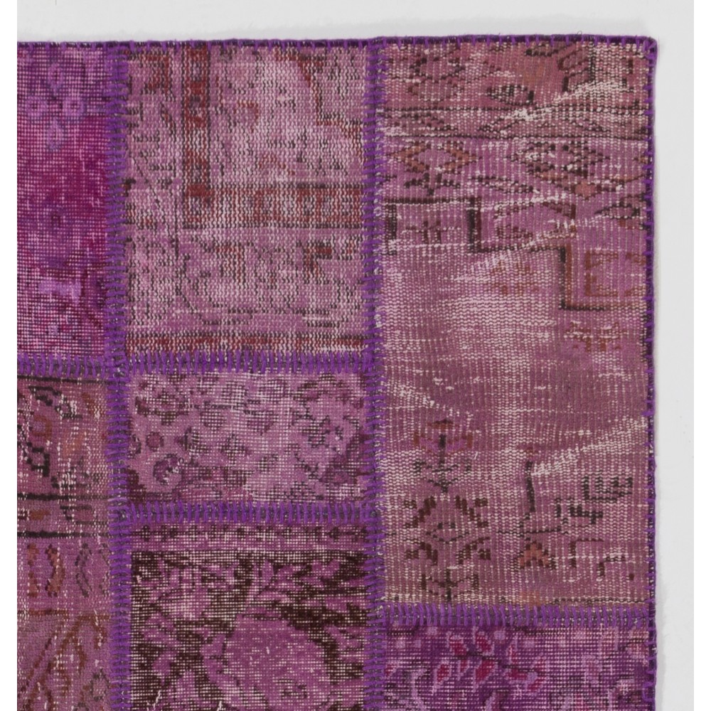 Hand-Knotted Purple Patchwork Rug for Living Room, Bedroom and Dining Room | Contemporary Overdyed Turkish Wool Carpet Hand-Knotted Purple Patchwork Rug for Living Room, Bedroom and Dining Room | Contemporary Overdyed Turkish Wool Carpet