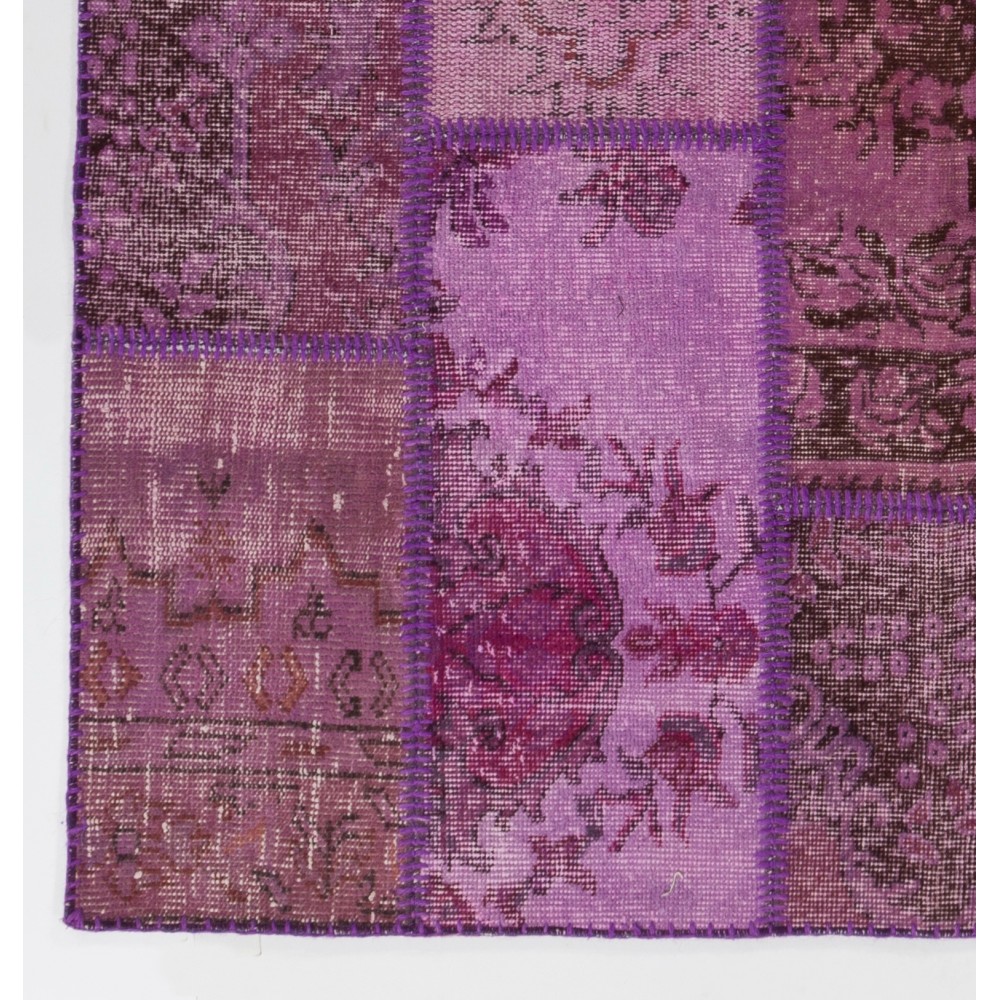 Hand-Knotted Purple Patchwork Rug for Living Room, Bedroom and Dining Room | Contemporary Overdyed Turkish Wool Carpet Hand-Knotted Purple Patchwork Rug for Living Room, Bedroom and Dining Room | Contemporary Overdyed Turkish Wool Carpet