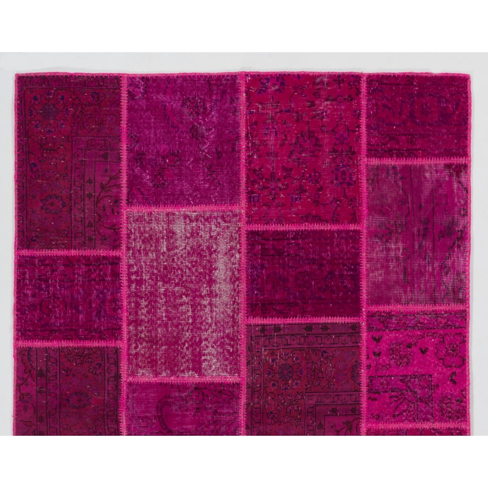 Modern Patchwork Rug in Shades of Hot Pink, Handmade Turkish Boho Carpet