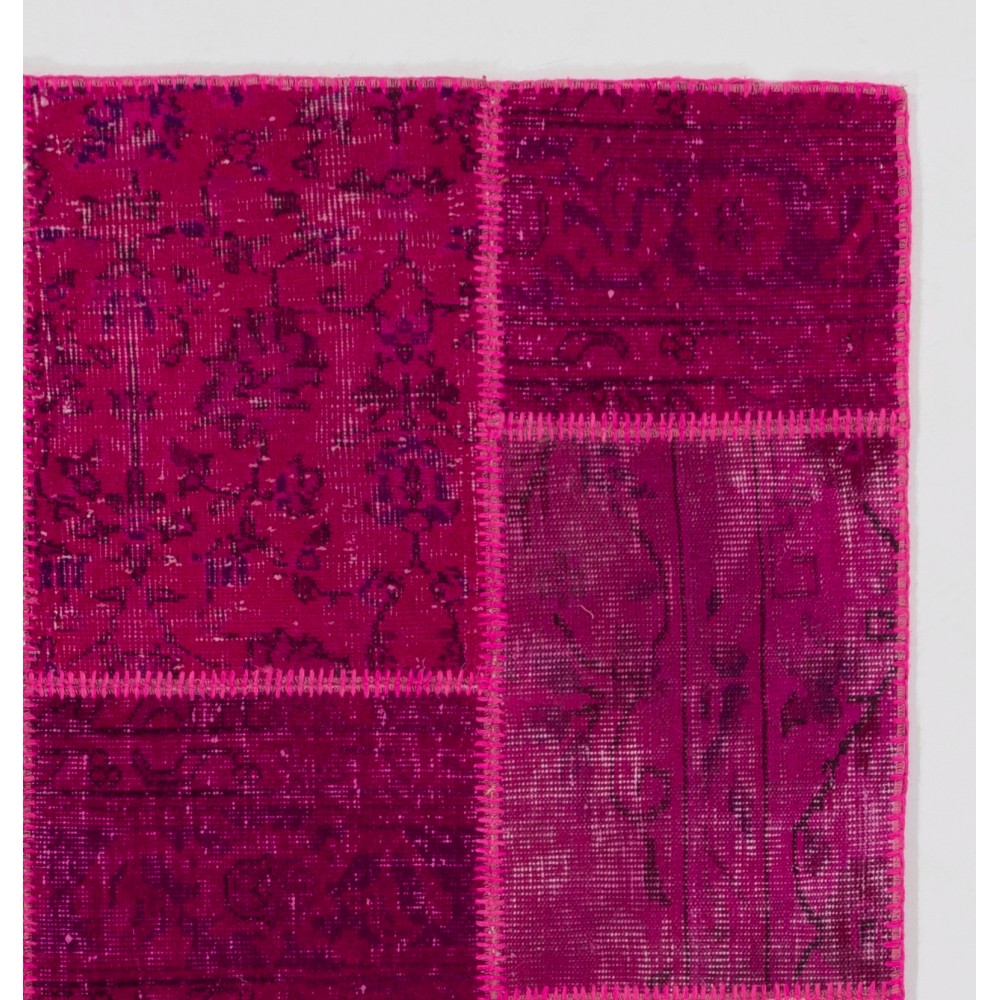 Hand-Knotted Hot Pink Patchwork Rug for Living Room, Bedroom and Dining Room | Contemporary Overdyed Turkish Wool Carpet Hand-Knotted Hot Pink Patchwork Rug for Living Room, Bedroom and Dining Room | Contemporary Overdyed Turkish Wool Carpet