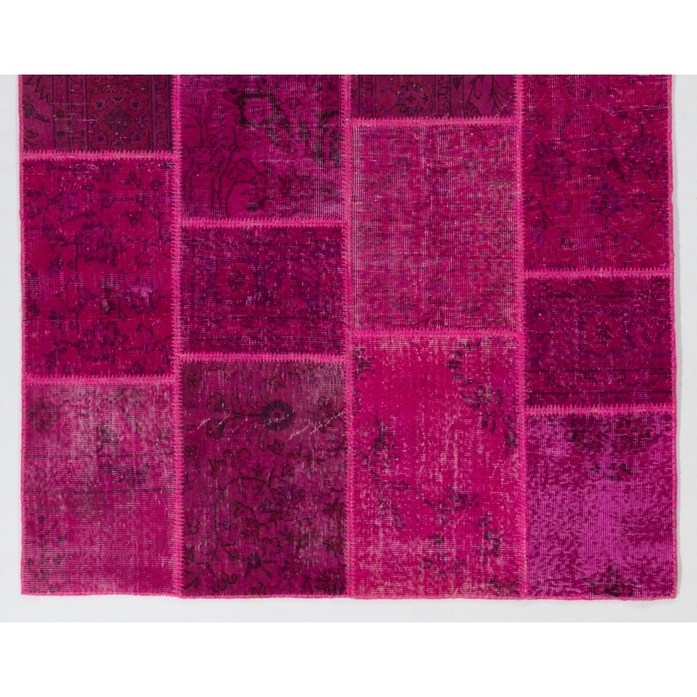 Modern Patchwork Rug in Shades of Hot Pink, Handmade Turkish Boho Carpet
