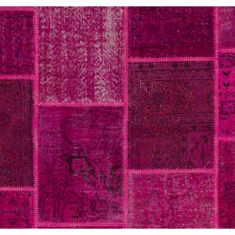 Modern Patchwork Rug in Shades of Hot Pink, Handmade Turkish Boho Carpet