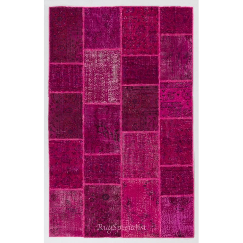 Modern Patchwork Rug in Shades of Hot Pink, Handmade Turkish Boho Carpet