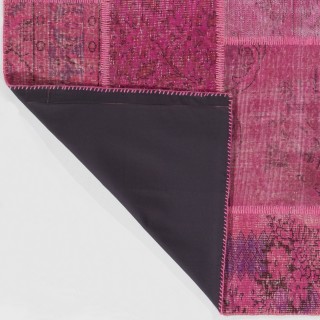 Hand-Knotted Pink Patchwork Rug for Living Room, Bedroom and Dining Room | Contemporary Overdyed Turkish Wool Carpet