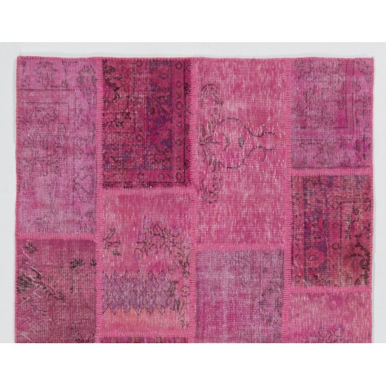 Handmade Patchwork Rug in Shades of Pink, Modern Turkish Carpet