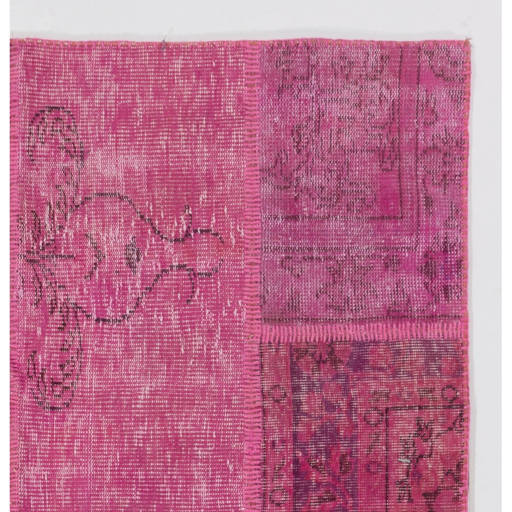 Hand-Knotted Pink Patchwork Rug for Living Room, Bedroom and Dining Room | Contemporary Overdyed Turkish Wool Carpet Hand-Knotted Pink Patchwork Rug for Living Room, Bedroom and Dining Room | Contemporary Overdyed Turkish Wool Carpet