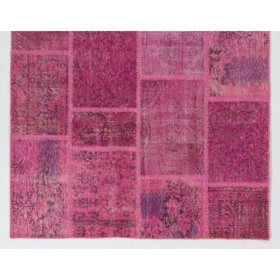 Handmade Patchwork Rug in Shades of Pink, Modern Turkish Carpet