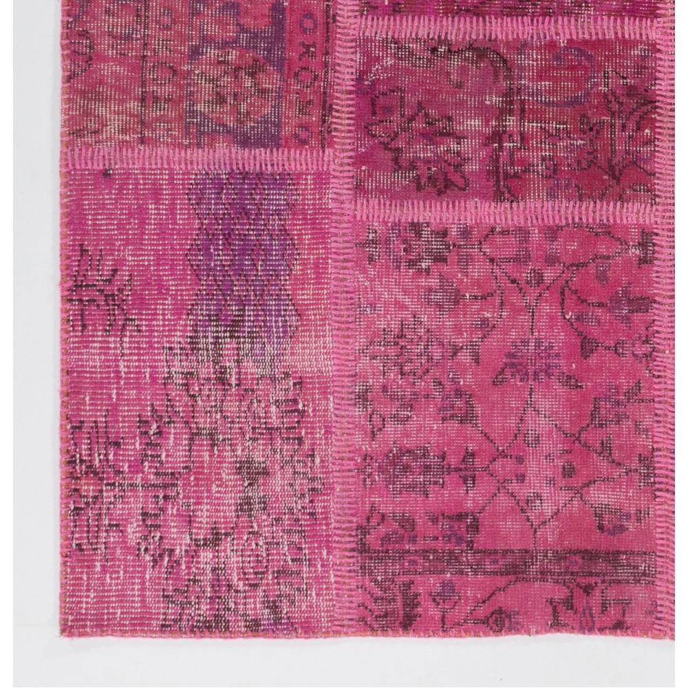 Hand-Knotted Pink Patchwork Rug for Living Room, Bedroom and Dining Room | Contemporary Overdyed Turkish Wool Carpet Hand-Knotted Pink Patchwork Rug for Living Room, Bedroom and Dining Room | Contemporary Overdyed Turkish Wool Carpet
