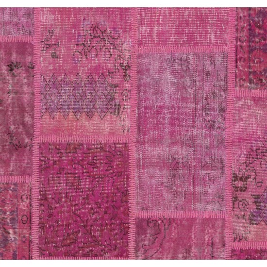 Handmade Patchwork Rug in Shades of Pink, Modern Turkish Carpet