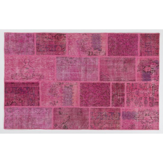 Handmade Patchwork Rug in Shades of Pink, Modern Turkish Carpet