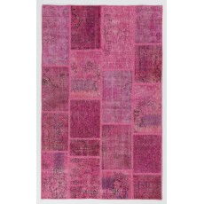 Handmade Patchwork Rug in Shades of Pink, Modern Turkish Carpet
