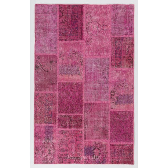 Handmade Patchwork Rug in Shades of Pink, Modern Turkish Carpet