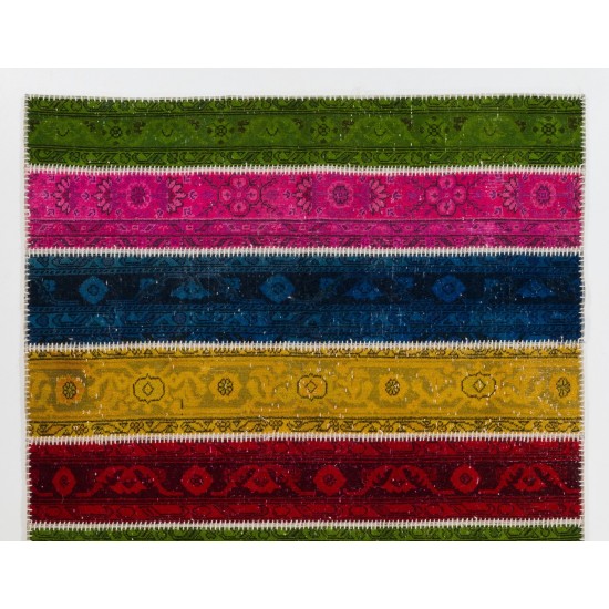Colorful Handmade Patchwork Rug Made from Over-Dyed Vintage Carpets Colorful Handmade Patchwork Rug Made from Over-Dyed Vintage Carpets