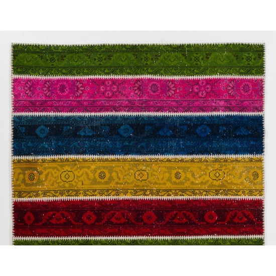 Handmade Turkish Bohemian Patchwork Rug for Modern Interiors. Vintage Wool Carpet in Vivid Colors