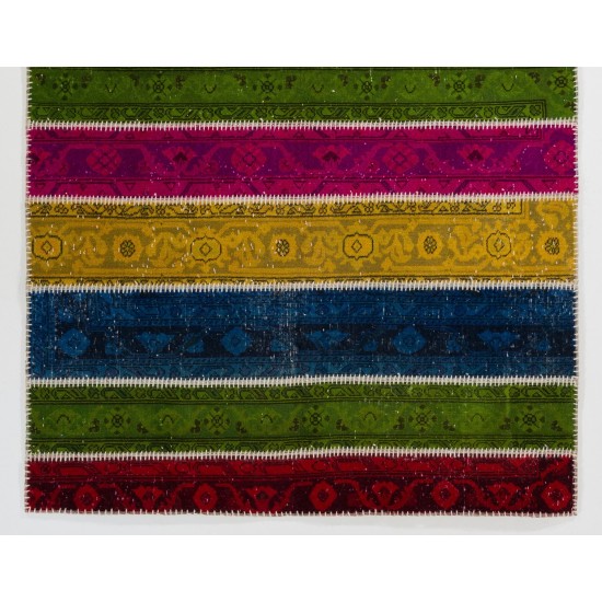 Colorful Handmade Patchwork Rug Made from Over-Dyed Vintage Carpets Colorful Handmade Patchwork Rug Made from Over-Dyed Vintage Carpets
