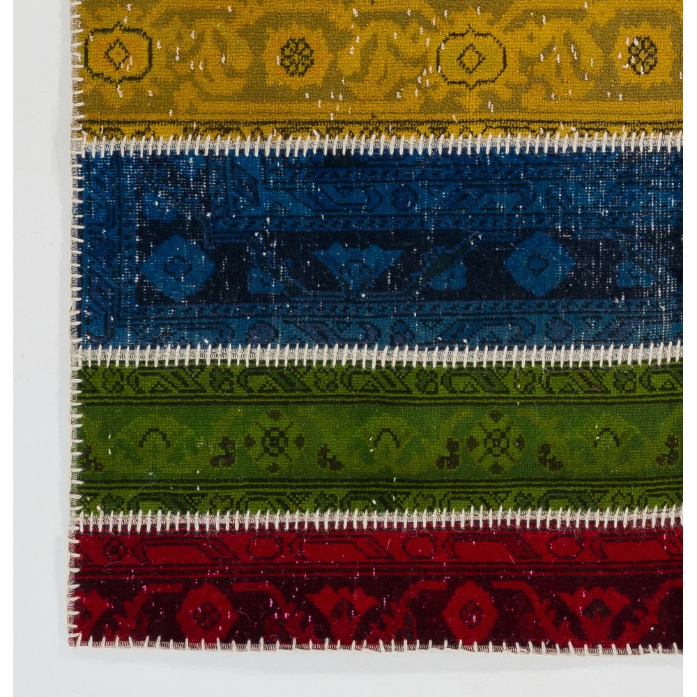 Colorful Eclectic Style Turkish Patchwork Rug | Hand-Knotted Redyed Wool Area Rug for Modern Living Room Colorful Eclectic Style Turkish Patchwork Rug | Hand-Knotted Redyed Wool Area Rug for Modern Living Room