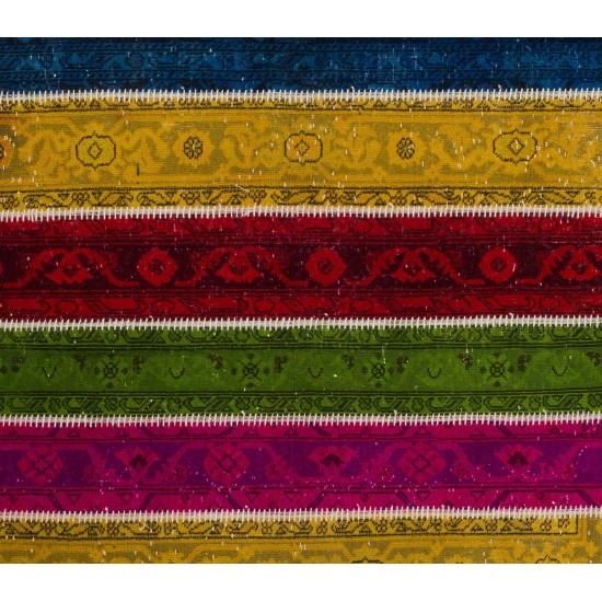 Colorful Handmade Patchwork Rug Made from Over-Dyed Vintage Carpets Colorful Handmade Patchwork Rug Made from Over-Dyed Vintage Carpets