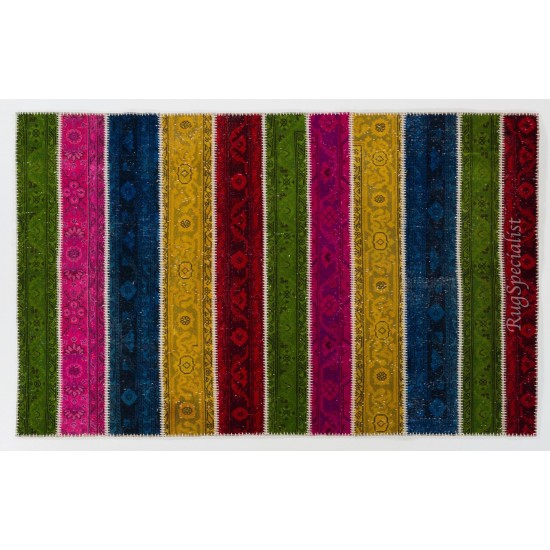 Colorful Handmade Patchwork Rug Made from Over-Dyed Vintage Carpets