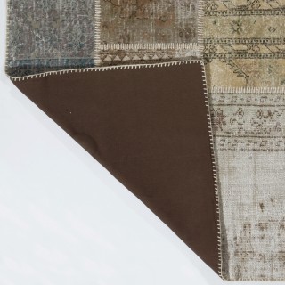 Traditional Hand-Knotted Wool Patchwork Rug | Vintage Muted Earth Tone Turkish Carpet