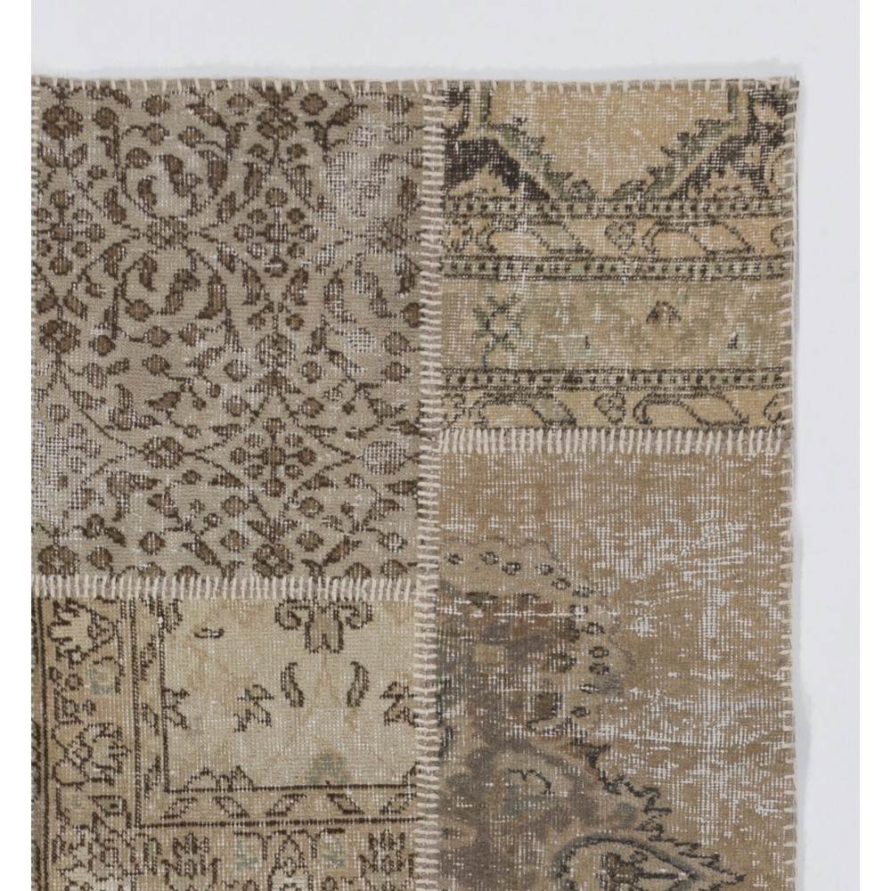 Traditional Hand-Knotted Wool Patchwork Rug | Vintage Muted Earth Tone Turkish Carpet Traditional Hand-Knotted Wool Patchwork Rug | Vintage Muted Earth Tone Turkish Carpet
