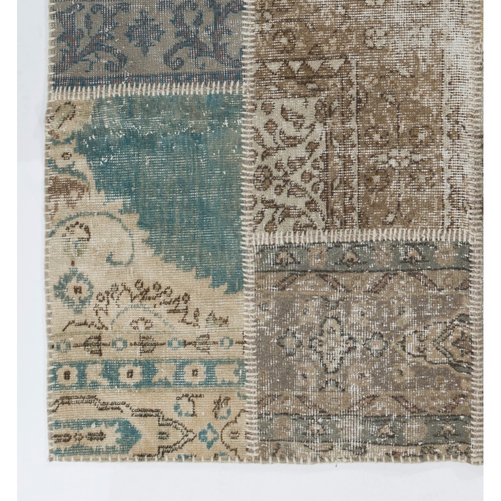 Traditional Hand-Knotted Wool Patchwork Rug | Vintage Muted Earth Tone Turkish Carpet Traditional Hand-Knotted Wool Patchwork Rug | Vintage Muted Earth Tone Turkish Carpet