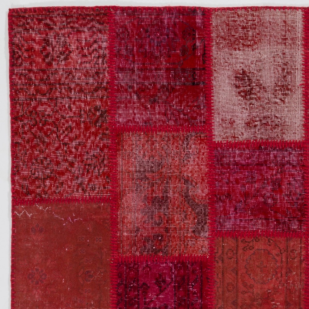 Hand-Knotted Red Patchwork Rug for Living Room, Bedroom and Dining Room | Contemporary Overdyed Turkish Wool Carpet Hand-Knotted Red Patchwork Rug for Living Room, Bedroom and Dining Room | Contemporary Overdyed Turkish Wool Carpet