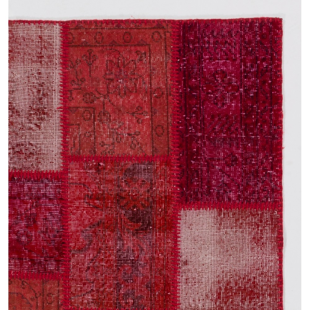 Hand-Knotted Red Patchwork Rug for Living Room, Bedroom and Dining Room | Contemporary Overdyed Turkish Wool Carpet Hand-Knotted Red Patchwork Rug for Living Room, Bedroom and Dining Room | Contemporary Overdyed Turkish Wool Carpet