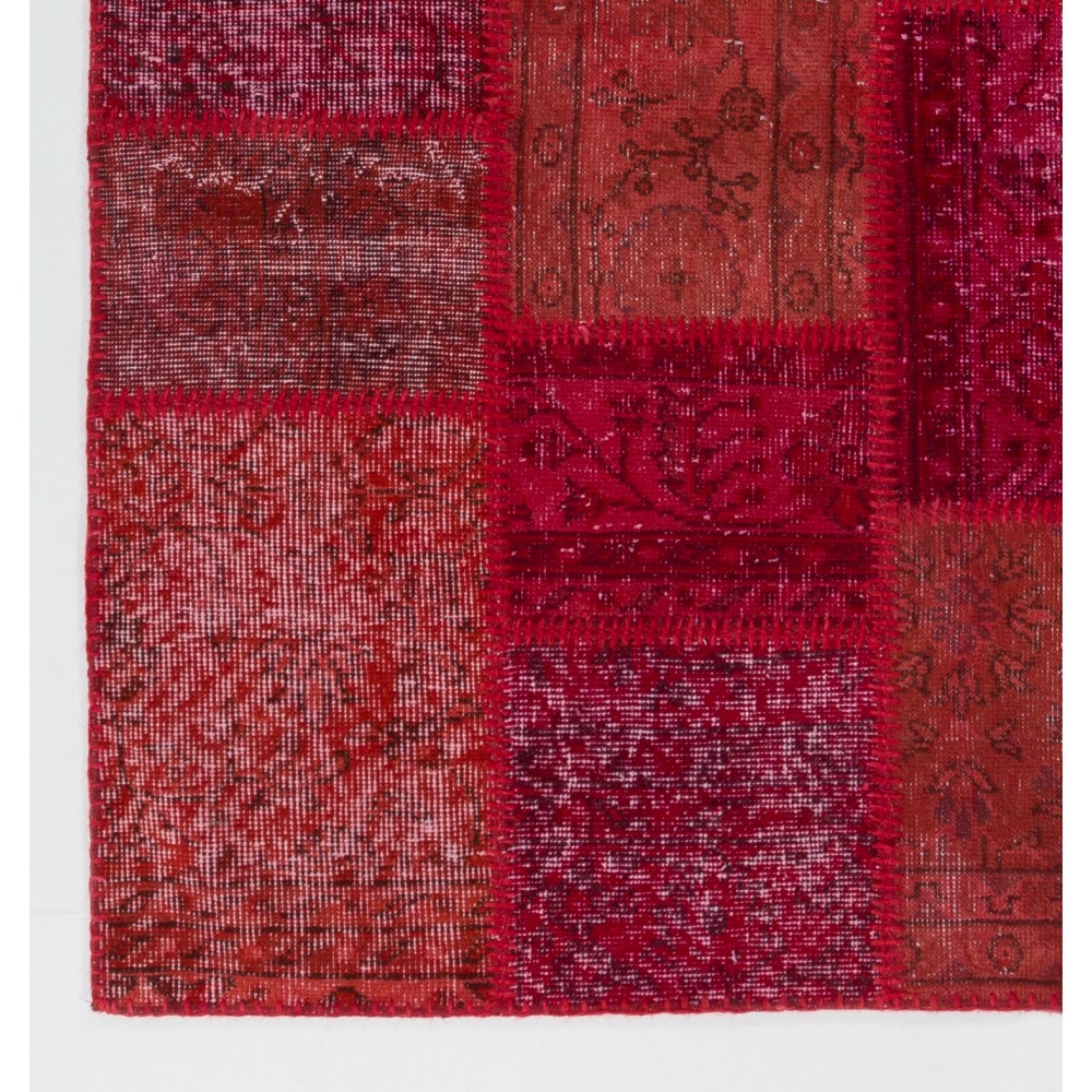 Hand-Knotted Red Patchwork Rug for Living Room, Bedroom and Dining Room | Contemporary Overdyed Turkish Wool Carpet Hand-Knotted Red Patchwork Rug for Living Room, Bedroom and Dining Room | Contemporary Overdyed Turkish Wool Carpet