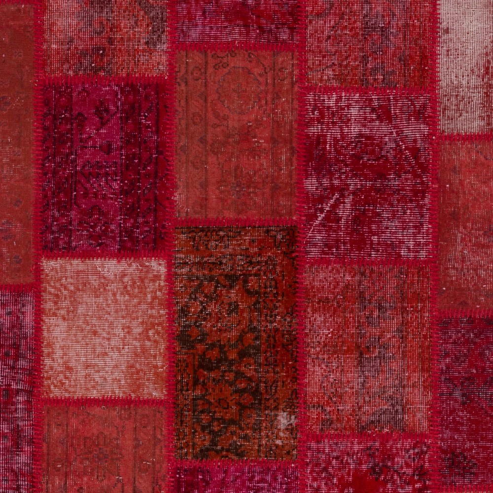 Hand-Knotted Red Patchwork Rug for Living Room, Bedroom and Dining Room | Contemporary Overdyed Turkish Wool Carpet Hand-Knotted Red Patchwork Rug for Living Room, Bedroom and Dining Room | Contemporary Overdyed Turkish Wool Carpet