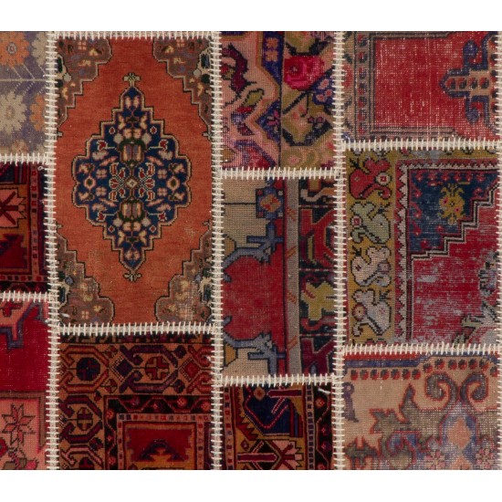 Handmade Patchwork Rug Made from Vintage Turkish Village Carpets