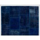 Handmade Patchwork Rug in Shades of Navy Blue and Indigo Blue. Modern Turkish Carpet. Woolen Floor Covering