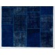 Handmade Patchwork Rug in Shades of Navy Blue and Indigo Blue. Modern Turkish Carpet. Woolen Floor Covering