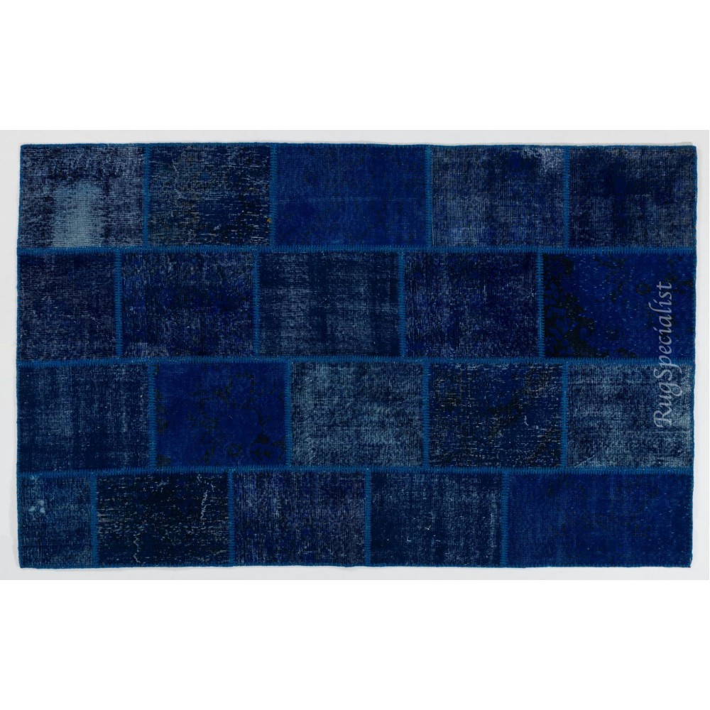 Handmade Patchwork Rug in Shades of Navy Blue and Indigo Blue. Modern Turkish Carpet. Woolen Floor Covering