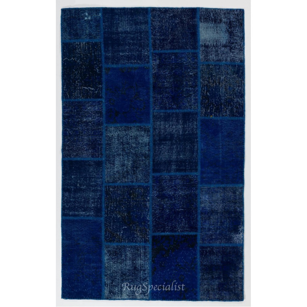 Handmade Patchwork Rug in Shades of Navy Blue and Indigo Blue. Modern Turkish Carpet. Woolen Floor Covering