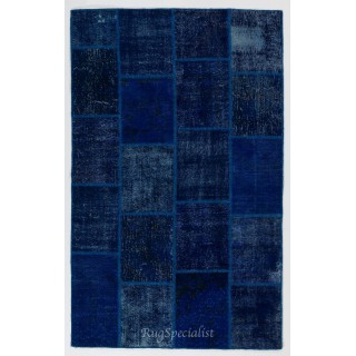 Handmade Patchwork Rug in Shades of Navy Blue and Indigo Blue. Modern Turkish Carpet. Woolen Floor Covering