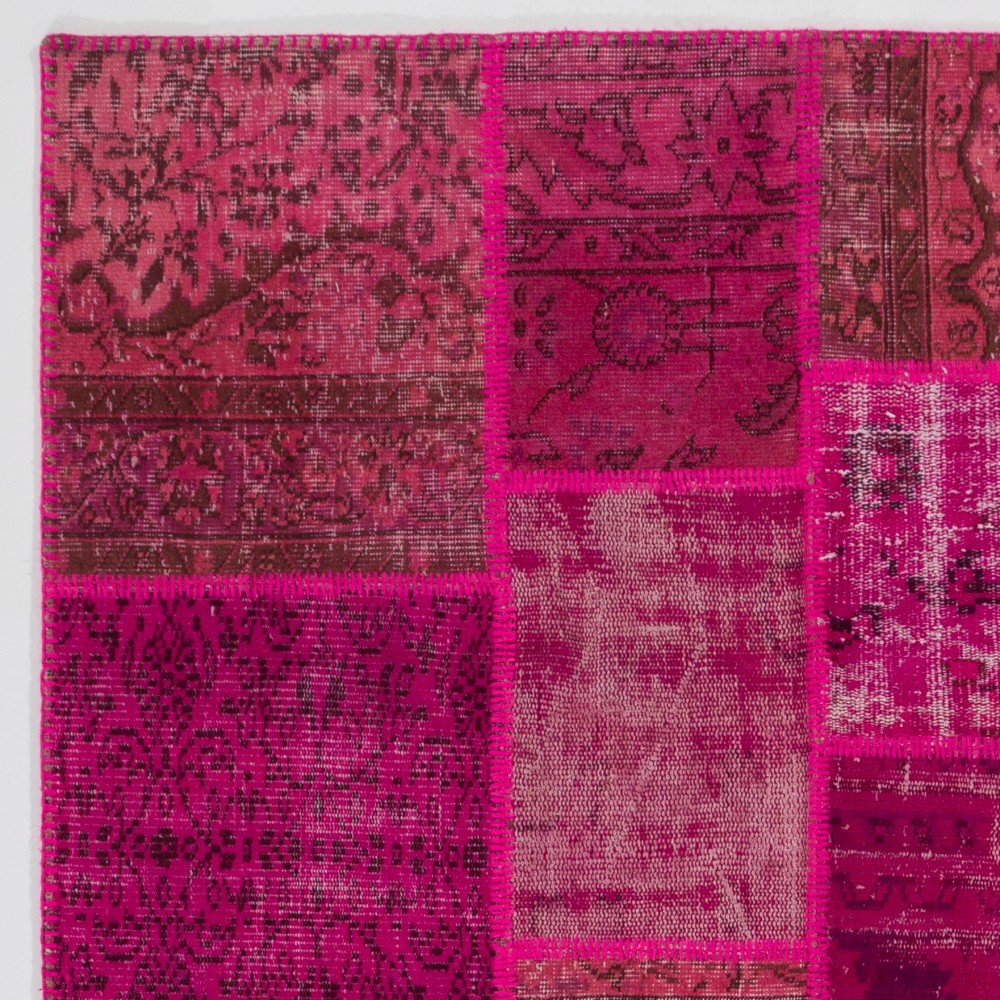 Hand-Knotted Pink Patchwork Rug for Living Room, Bedroom and Dining Room | Modern Overdyed Turkish Wool Carpet Hand-Knotted Pink Patchwork Rug for Living Room, Bedroom and Dining Room | Modern Overdyed Turkish Wool Carpet